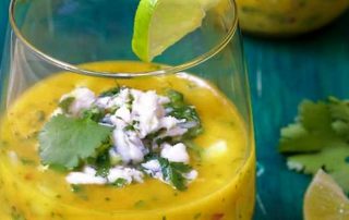 mango gazpacho with crab and jalapeno relish