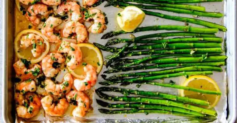 roasted lemon butter garlic shrimp and asparagus